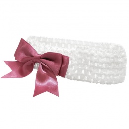 Baby Girls White Crochet Headband with Dusky Pink Satin Bow